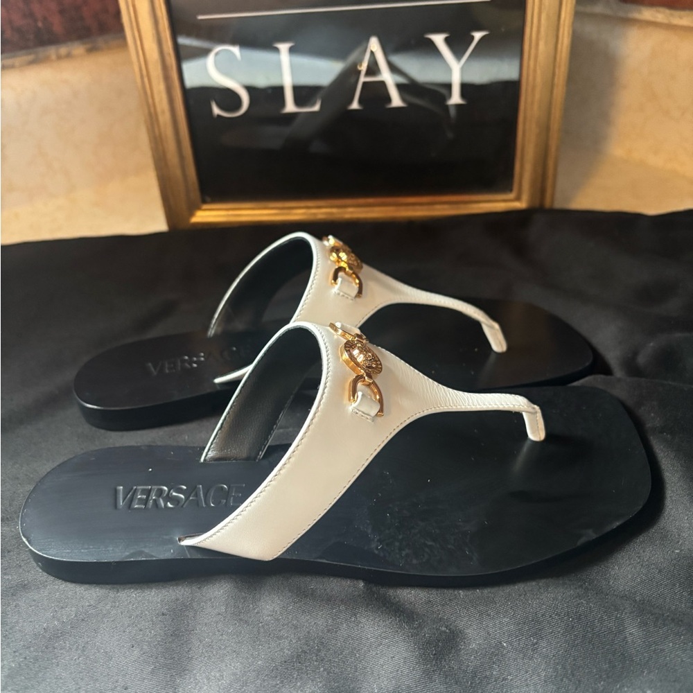 Versace White and Gold Sandals with Chic Design